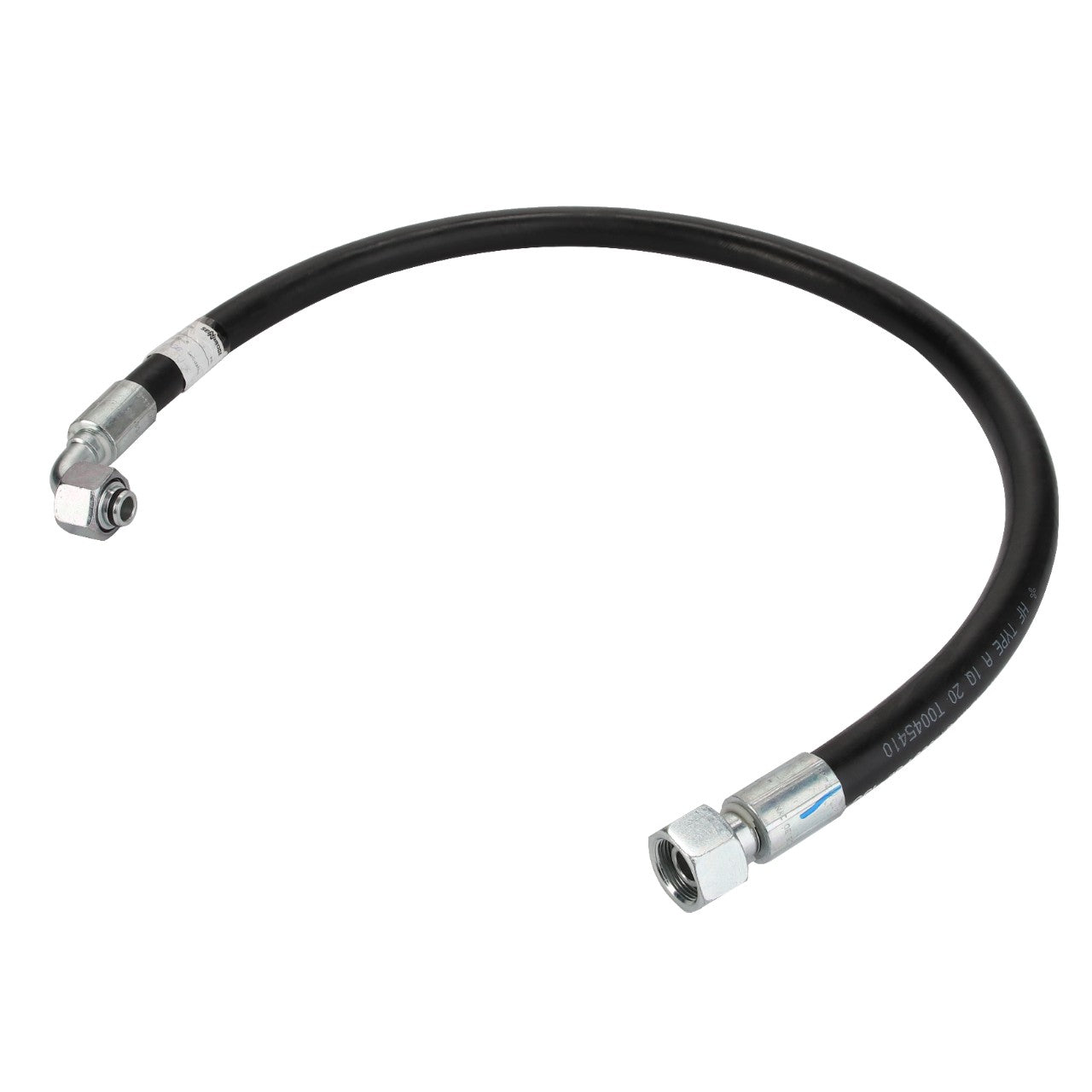 The AGCO WARNING DECAL - ACP0544080, offered by AGCO, is a durable black hydraulic hose with metal fittings on both ends—one straight and the other angled at 90 degrees. It provides flexibility and reliability for various applications.