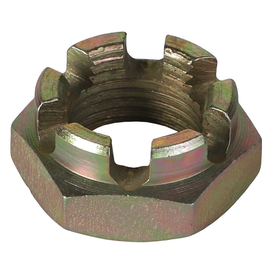 Close-up of an AGCO Slotted Nut - 3000037X1, a hexagonal metallic castle nut with multiple slots on top, commonly used in mechanical and automotive applications.