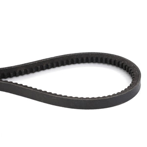 A close-up image of the AGCO Drive Belt, Hydraulic Pump (D41990012), showcasing its black, ribbed, V-shaped design engineered for optimal performance and noise reduction, set against a plain white background.