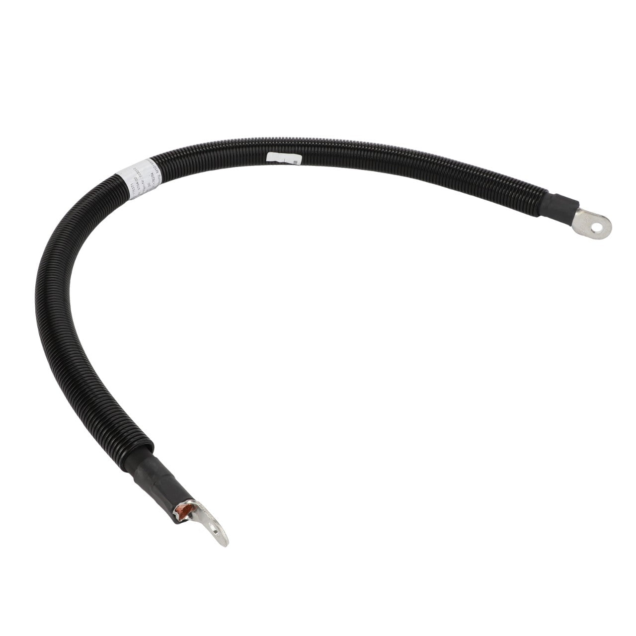 The AGCO | BATTERY CABLE - ACP0534320, an AGCO product, is a flexible black cable featuring sturdy metal eyelets on both ends.