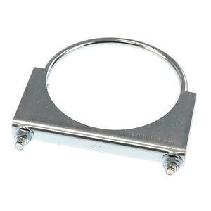 The AGCO | Exhaust Clamp - AG130245 by AGCO is a metal pipe clamp featuring two bolts, engineered to secure cylindrical objects and provide an effective seal.