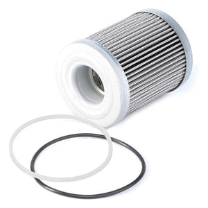 A cylindrical AGCO Hydraulic Filter Cartridge - V20626500 with two O-rings, one black and one transparent, placed on a white background. Ideal for use as hydraulic filter cartridges in Valtra models.