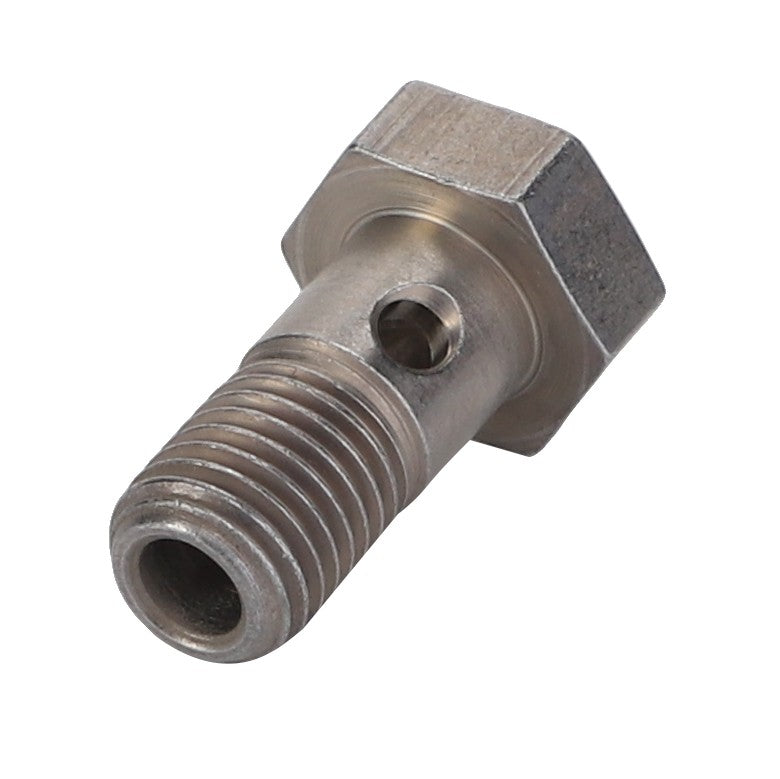 The AGCO Banjo Bolt - F395200710190 is a silver metal bolt with a hexagonal head, a threaded shaft, and a small hole running through the center of the shaft.