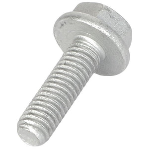 Close-up of the AGCO Hex Flange Head Machine Screw - Acw1041160, crafted from shiny silver metal featuring a hexagonal head and threaded shaft.