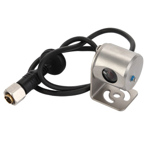 AGCO's CAMERA - ACP0533890 is a small metallic surveillance device with an attached black cable that features a connector at the end. The camera is securely mounted on a compact bracket using a screw.