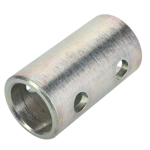 No current product description available for the cylindrical AGCO | Bush - La300135354 metal connector, which features three holes drilled into its sides for securing or aligning purposes.