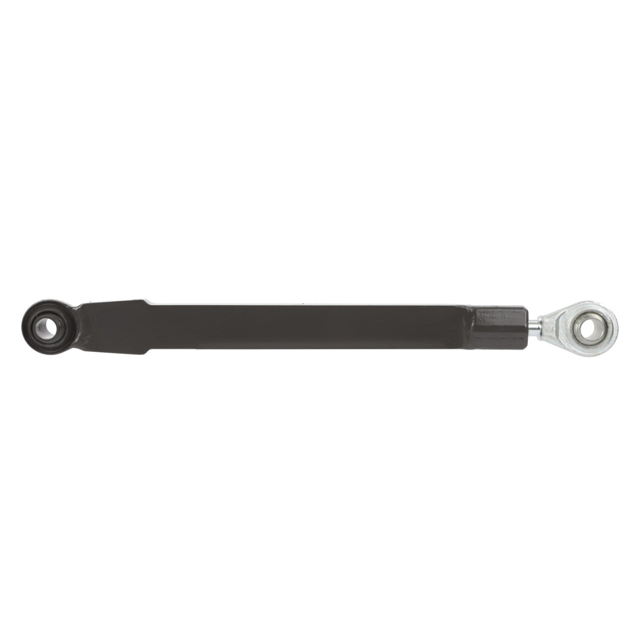 The AGCO Rod - G728870040030, a black metal rod from AGCO featuring round connectors on both ends, includes one silver connector with an eyelet hole, making it perfect for Fendt Models like the 818 Vario and 718 Vario.