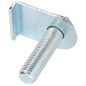 Close-up of a metal hex bolt, known as the AGCO Screw - La321948150, featuring a partially threaded cylindrical shaft and a flat, right-angled bracket on one end. No current product description information is available for further details.