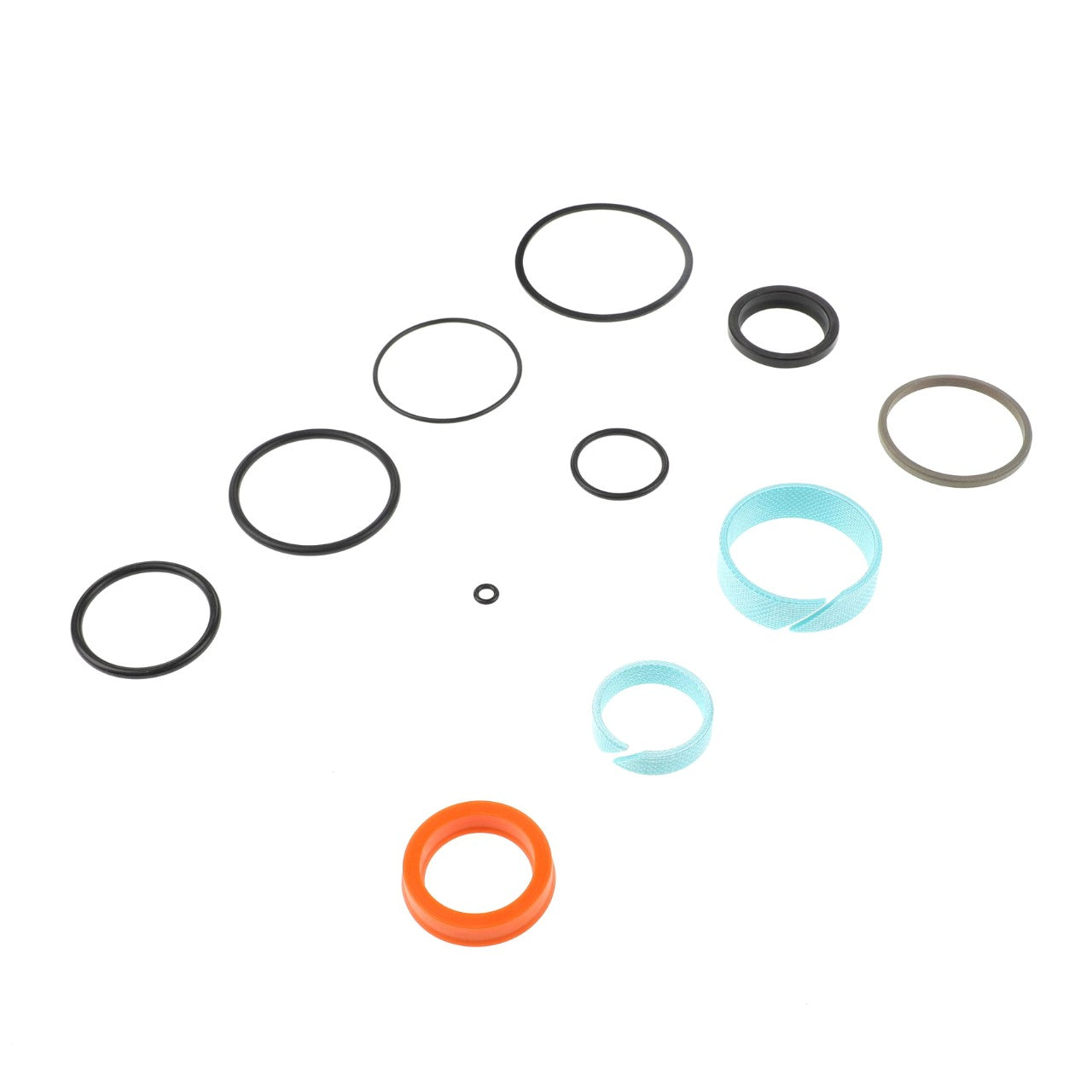 AGCO Boom Lift Cylinder Repair Kit - Acw1541370, featuring assorted rubber O-rings and seals of various sizes, including a prominent orange ring and a light blue coiled seal, arranged on a white background.