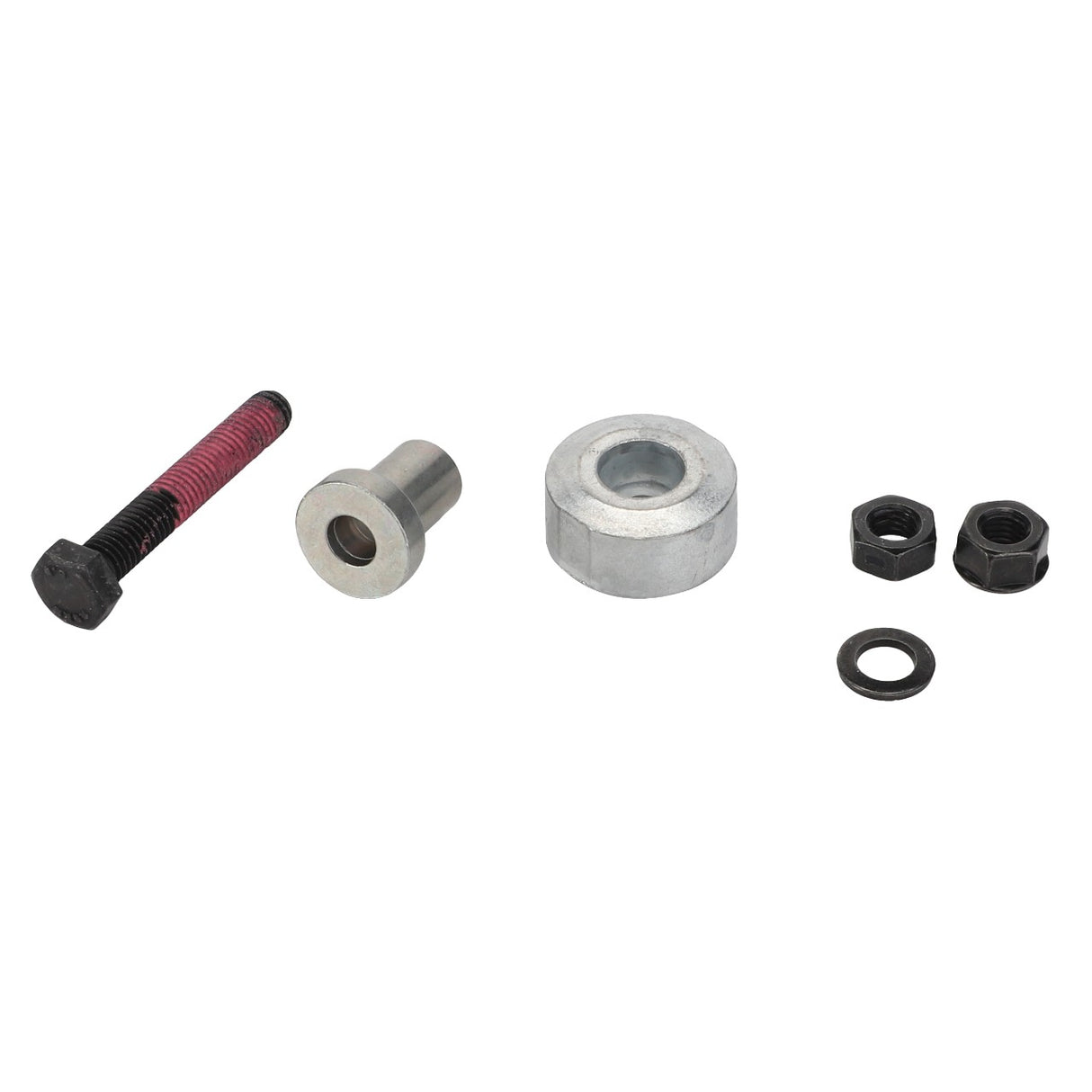 An assortment of AGCO hardware components, including a black bolt, metal spacer, metal washer, two nuts, and a small washer from the LEG SPRING - F931502030270 collection by AGCO, meticulously arranged in a row on a pristine white background.