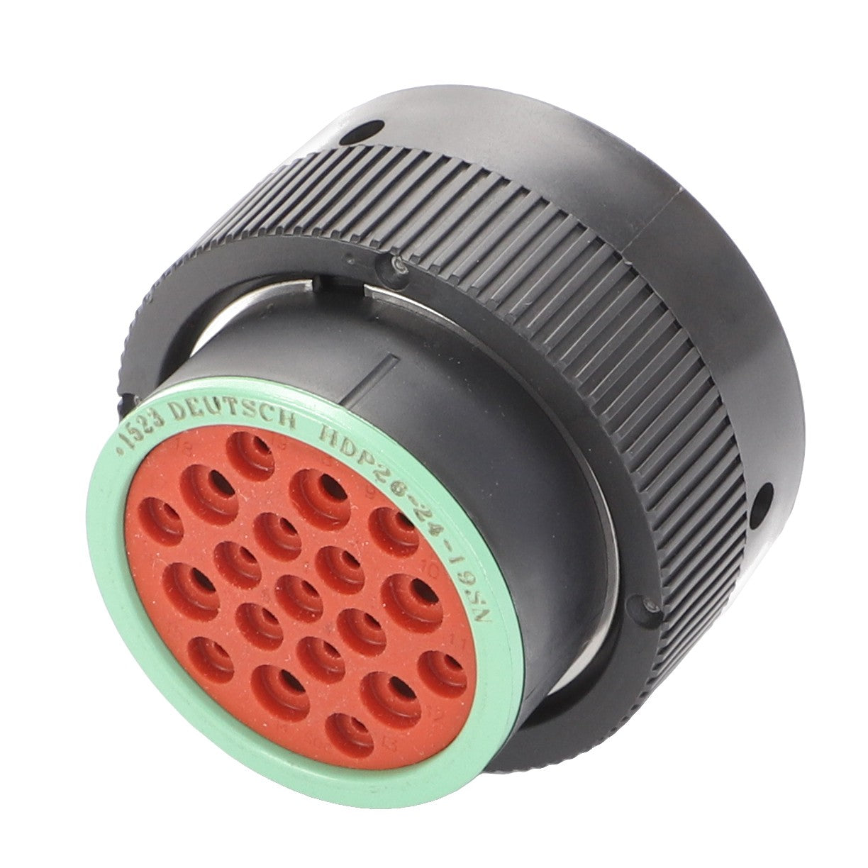 Close-up image of an AGCO Connector Plug - AG521001, a black circular device with green and red detailing, showcasing numerous small connection points on one end. No current product description information is available.