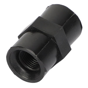 The AGCO | COUPLING - AG334929, a black metal coupling nut by AGCO, features a hexagonal body and internal threading. No current product description information is available at this time.