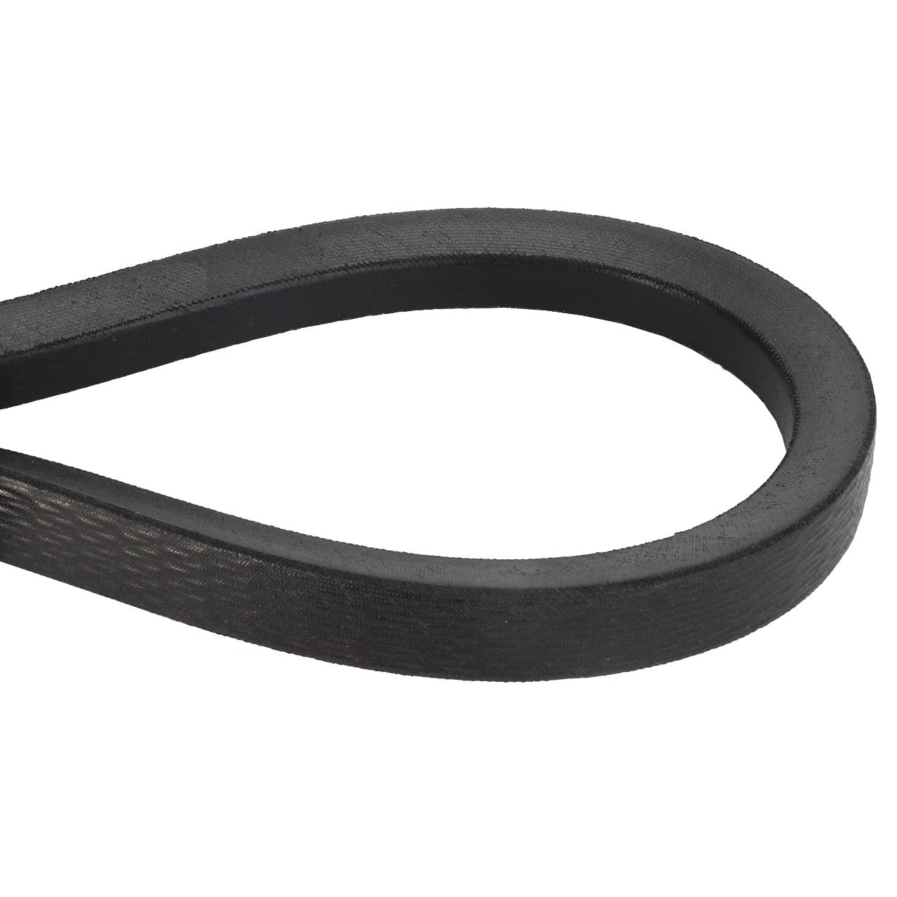 A close-up view of the AGCO | BELT - D41985900, a black rubber V-belt arranged in a loop against a white background.