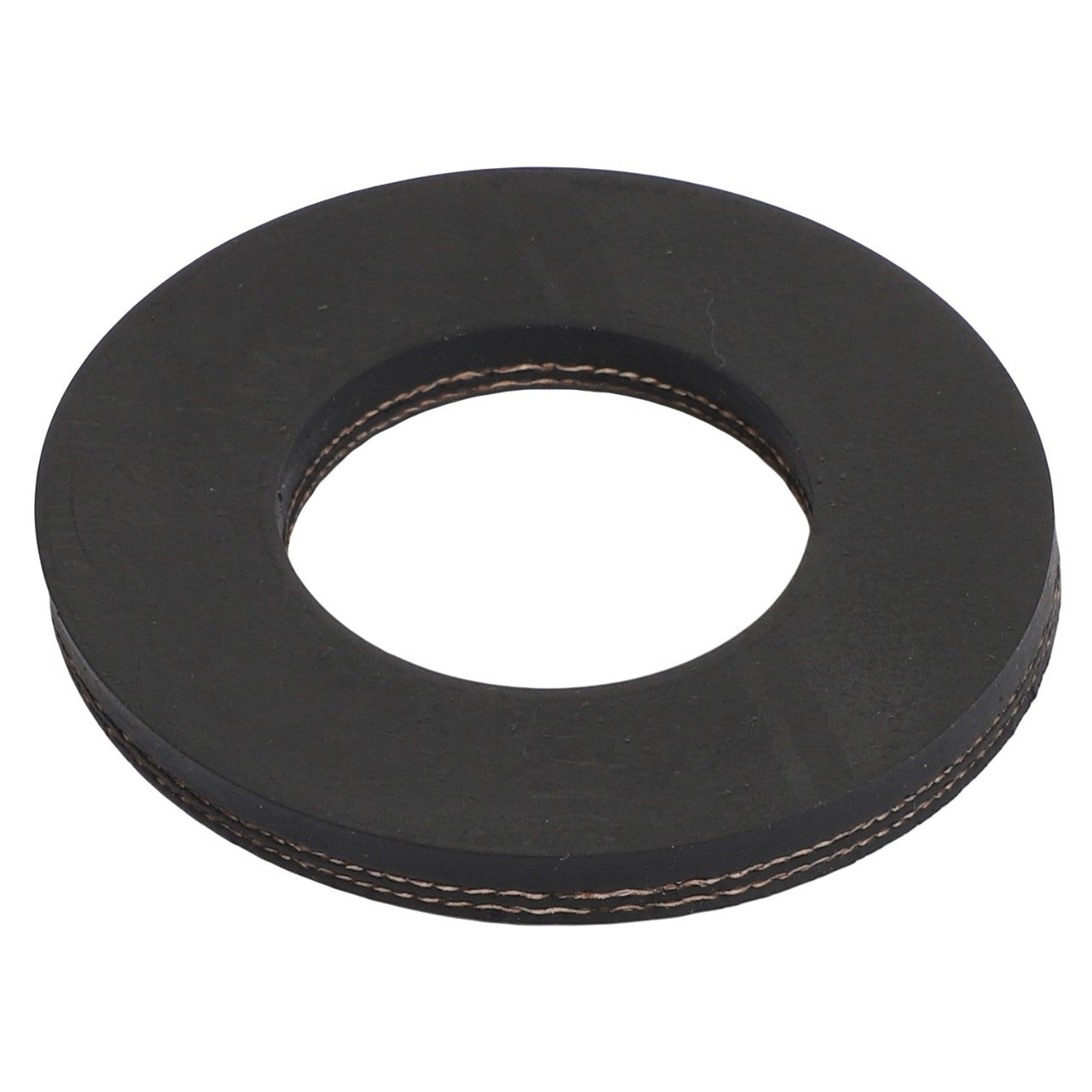 The AGCO SPACER - AG109948 is a round, black rubber gasket with a hole in the center, commonly used for sealing or cushioning in mechanical applications.