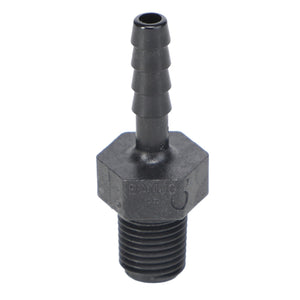 The AGCO | Hose Barb - Ag051059 is a durable black plastic fitting that features a threaded male end and a ribbed hose connection to ensure a secure fit.