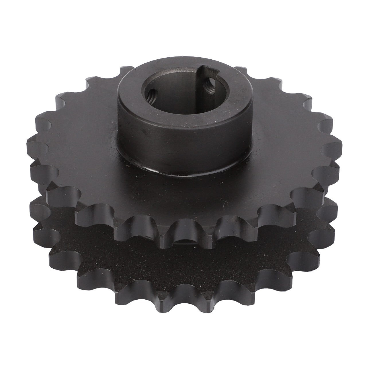 The AGCO Sprocket Grain Elevator Transmission - D28585106 is a black double sprocket gear featuring two rows of evenly spaced teeth and a central bore for shaft mounting, engineered to adhere to AGCO's technical specifications for optimal performance.