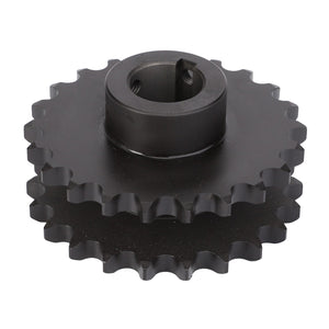 The AGCO Sprocket Grain Elevator Transmission - D28585106 is a black double sprocket gear featuring two rows of evenly spaced teeth and a central bore for shaft mounting, engineered to adhere to AGCO's technical specifications for optimal performance.