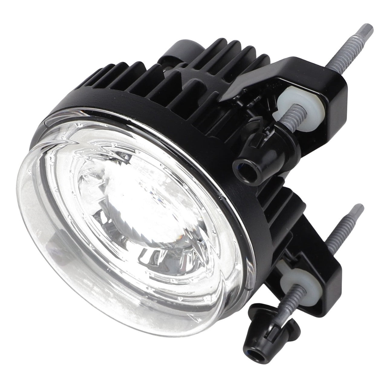 Close-up view of the AGCO Headlamp - Acx2333720, a black LED fog light, featuring two attached mounting screws. No current product description information is available.