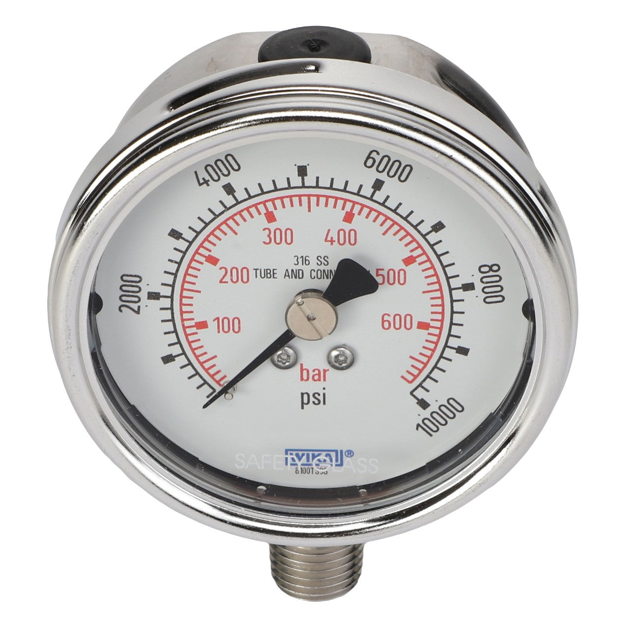 The AGCO | GAUGE - AG059254 is a round pressure gauge that displays measurements in both psi and bar, with a range of 0 to 10,000 psi and 0 to 600 bar. This metal-cased gauge features a threaded connection at the bottom.