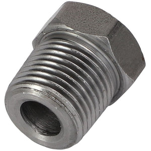 Close-up of the AGCO BUSH - AG714863 metallic threaded pipe fitting, showcasing its cylindrical shape, distinctive ridges, and hexagonal head designed for use with a wrench.