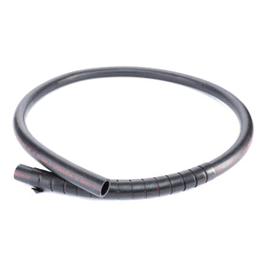 The AGCO Hose for Coolant (4355057M93) is a coiled black flexible hose featuring red text markings on its surface, crafted from high-quality materials to ensure maximum durability.