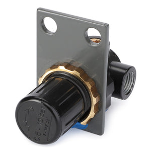 Close-up image of the AGCO Pressure Relief Valve - 4385332M91, a gray panel-mounted adjustable pressure regulator with a black knob and brass fittings. It features two mounting holes at the top and is ideal for hydraulic fluid regulation.