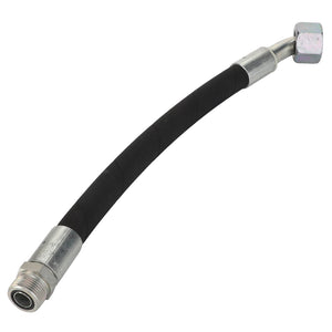 The AGCO | Hydraulic Hose - Acw3073510 by AGCO is a black, flexible hydraulic hose equipped with metal connectors on both ends – one straight and the other angled.