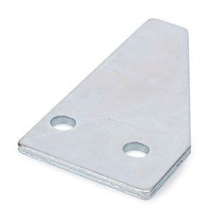 The AGCO Knife Section Half Cutting Header (product code 71386923) is a flat, trapezoidal metal plate featuring two circular holes near one end and made from high-quality steel grades for enhanced durability.