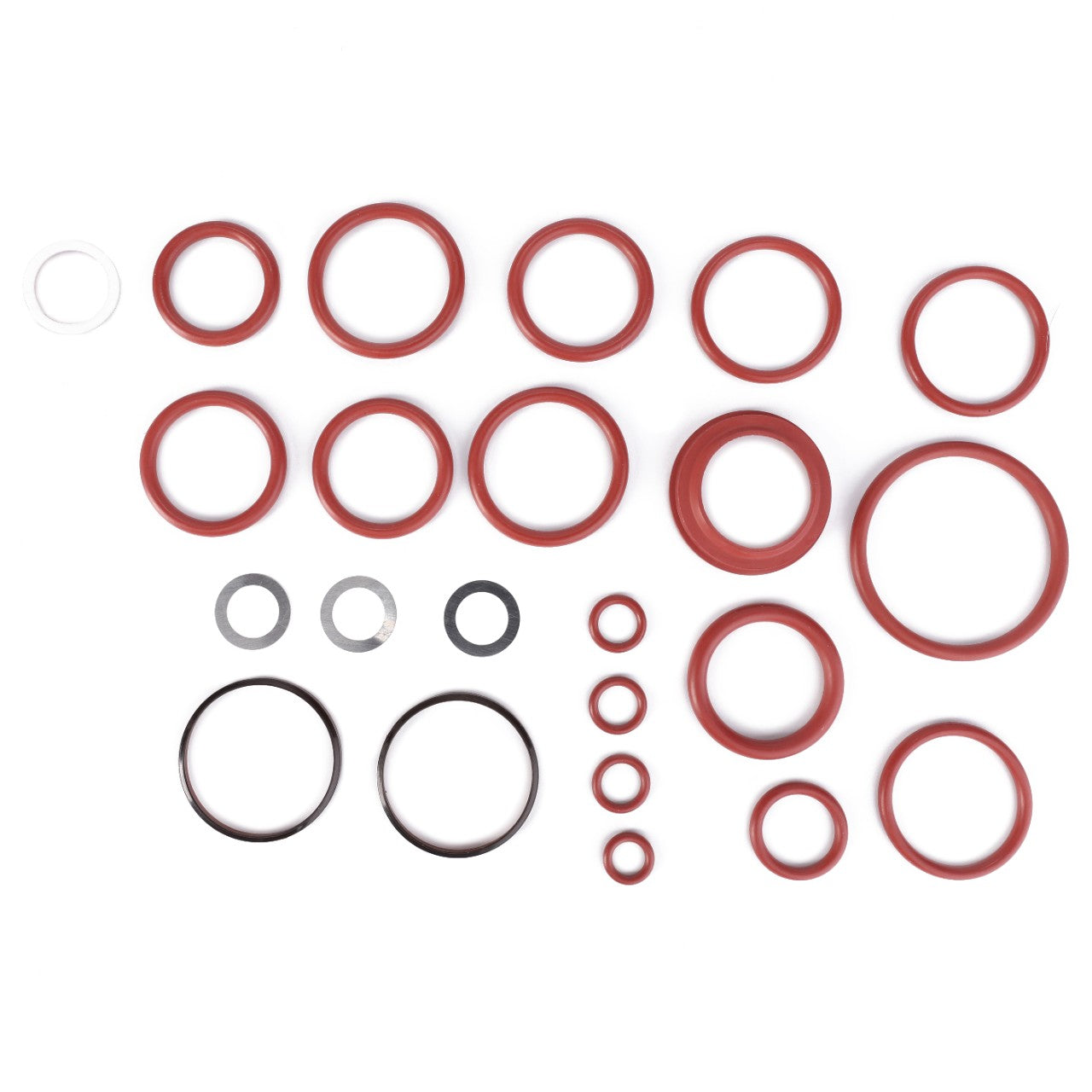 A selection of genuine AGCO red and black O-rings from the Seal Kit, Directional Valve (F716961020020), displayed on a white background.