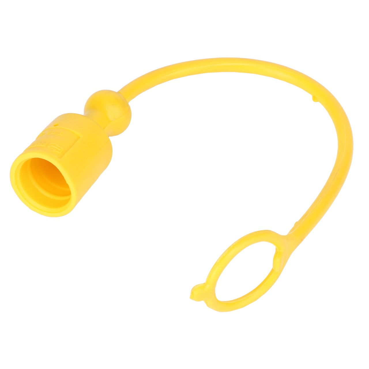 The AGCO DUST CAP - AL5034134 is a yellow plastic cap with an attached flexible loop designed to cover and protect connectors or ports.