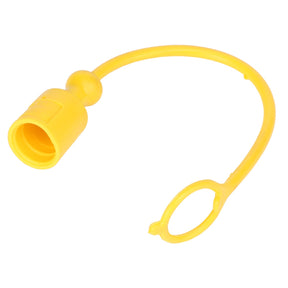 The AGCO DUST CAP - AL5034134 is a yellow plastic cap with an attached flexible loop designed to cover and protect connectors or ports.