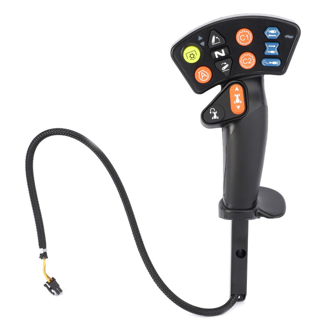 The AGCO | Joystick, Control Arm Rest - Acp0353190 is an ergonomic black controller, perfect for Valtra users. It features multiple colored buttons and an attached cable ending in a multi-pin connector.