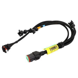 The AGCO Harness - Acw1495030 is a black electronic wiring harness featuring multiple connectors and a yellow label attached to one of the larger connectors. No additional product description information is available at this time.