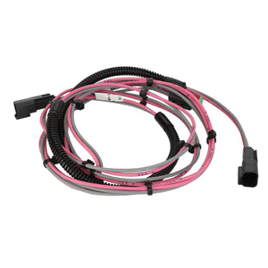 The AGCO Harness, Lighting - AG134870 is a coiled wiring harness with pink, gray, and black cables, featuring plastic connectors at each end to ensure machinery reliability. This AGCO Parts Genuine Electrics component guarantees optimal integration with your equipment.