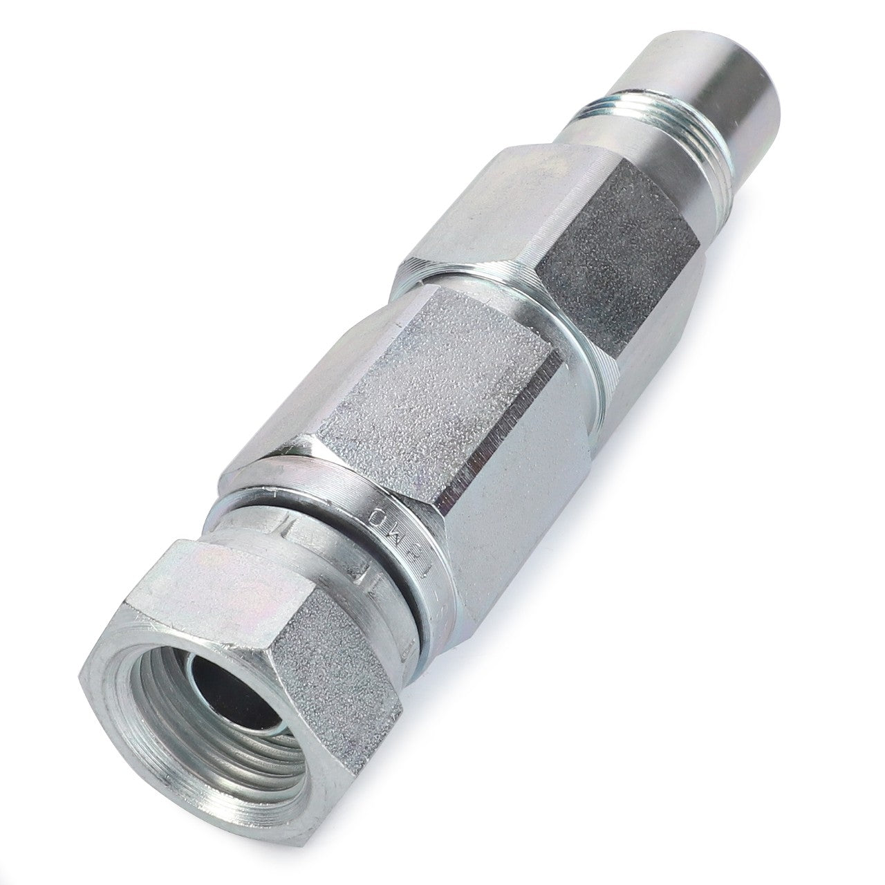 A close-up view of the AGCO QUICK COUPLER - AL10550201, a metallic hydraulic fitting connector featuring hexagonal nuts and threaded ends.