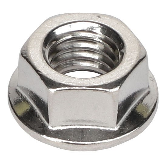 Close-up image showing a metallic hexagonal nut with a flanged base and internal threading, identified as the AGCO HEX FLANGE NUT - AG522562.