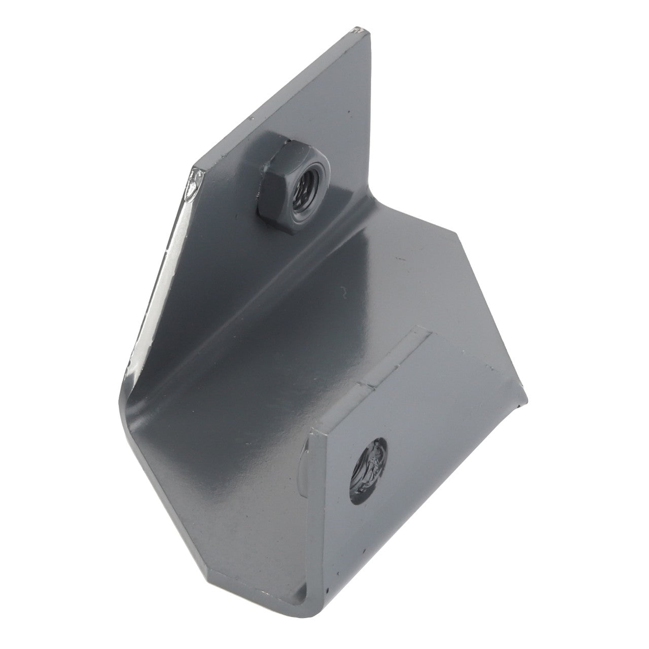 Introducing the AGCO | BRACKET - D28186296: A sleek gray metal bracket featuring a triangular design, complete with a centrally fastened nut.