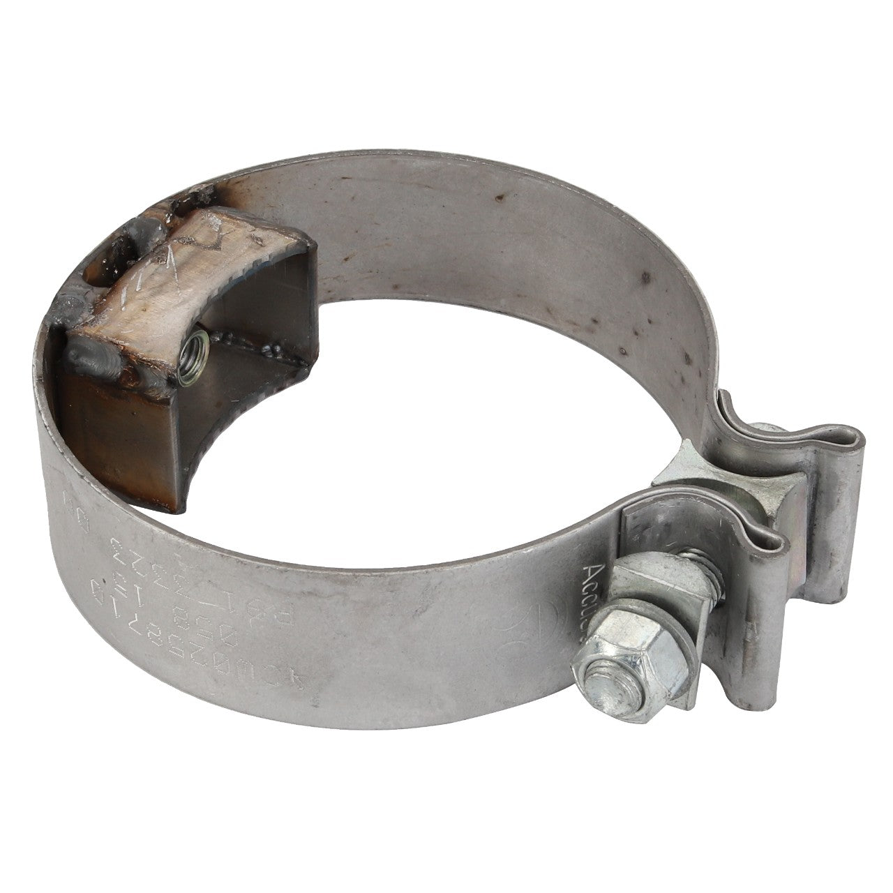 The AGCO | Band Clamp - Acw0258710 is a metallic hose clamp with a bolt and nut for tightening, featuring a smooth, circular band for an effective seal.