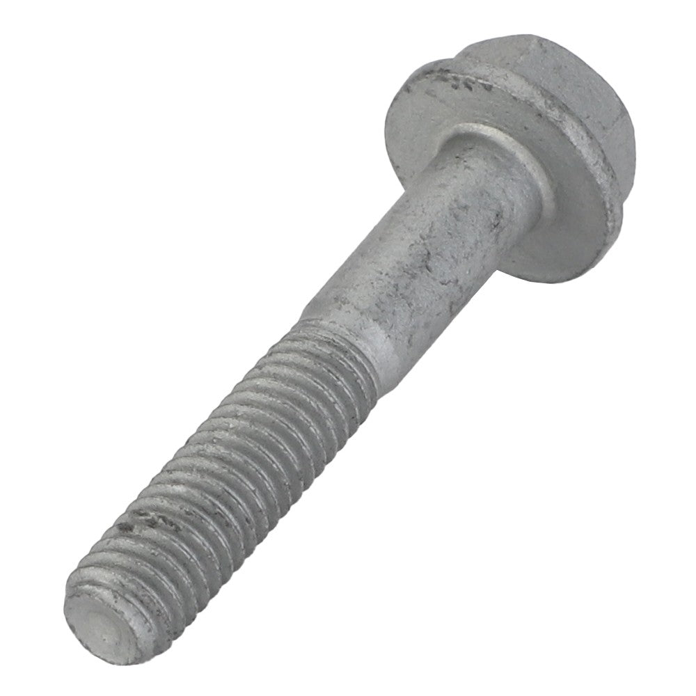 The AGCO Hexagon Flange Bolt - Acw0775800, a metallic hex bolt with a threaded shaft, lies against a white background.