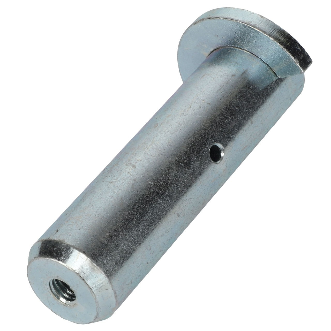 The AGCO CLEVIS PIN - AL1116450 is a cylindrical metallic pin with a flange and a precisely threaded hole on one end.