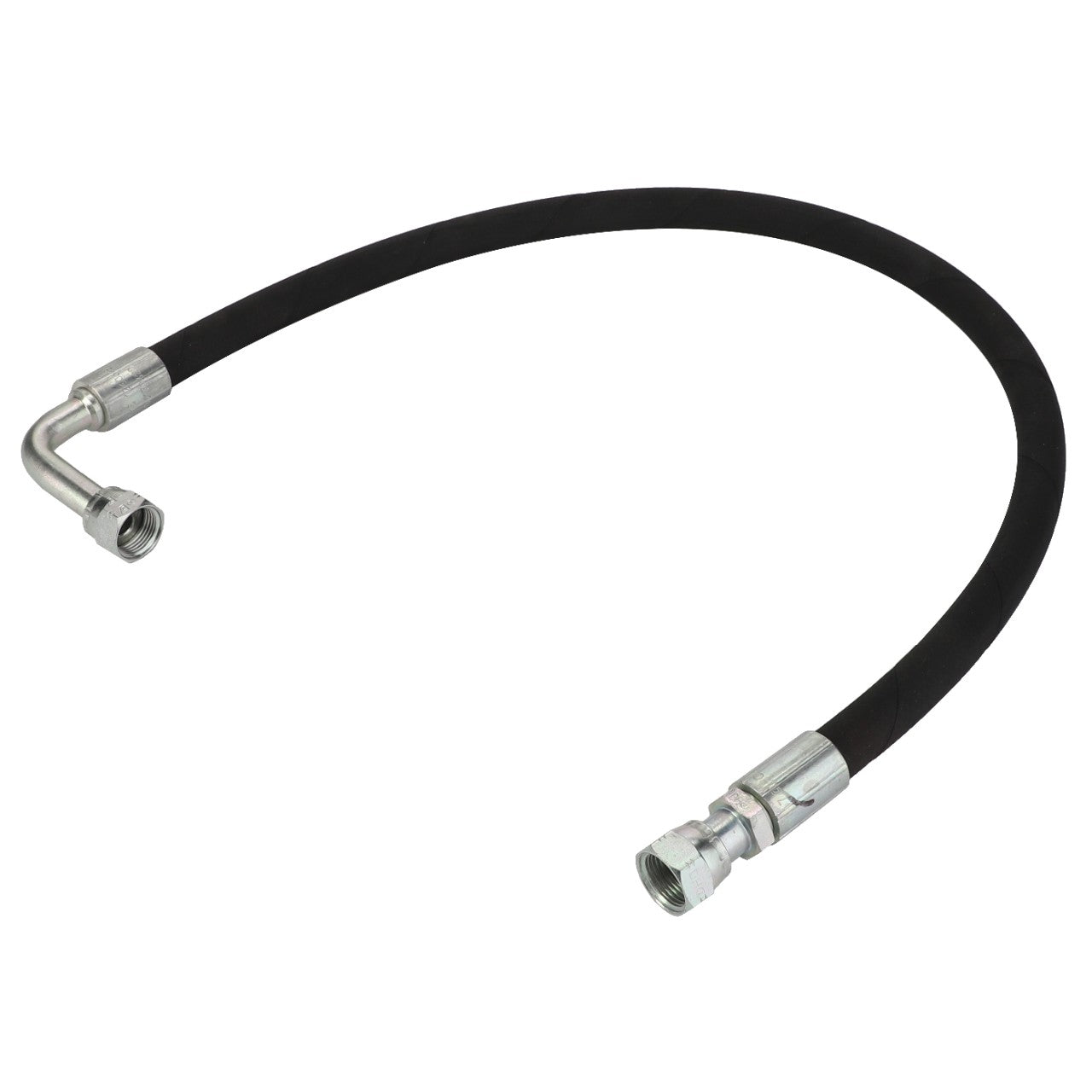 Product Description: The AGCO Hydraulic Hose - Acw3130320 is a black rubber hose with metal fittings on each end, designed in an arc shape. This high-quality product from the trusted brand AGCO ensures durability and reliable performance.