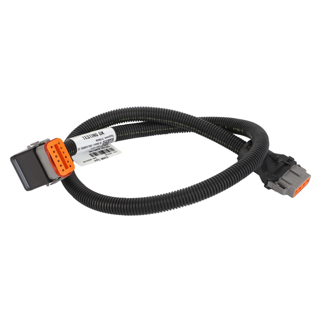 A coiled electrical wiring harness, identified as AGCO Harness - Acw9511890, with gray and orange connectors on each end and a white label tag. No current product description information available.