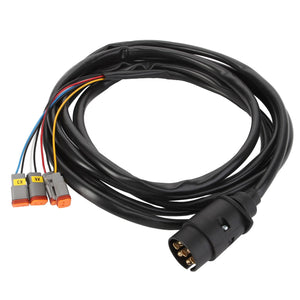 The AGCO | CABLE - AL60003944 by AGCO is a coiled black cable with multiple colored wires and a round connector on one end, featuring several individual connectors on the other end.