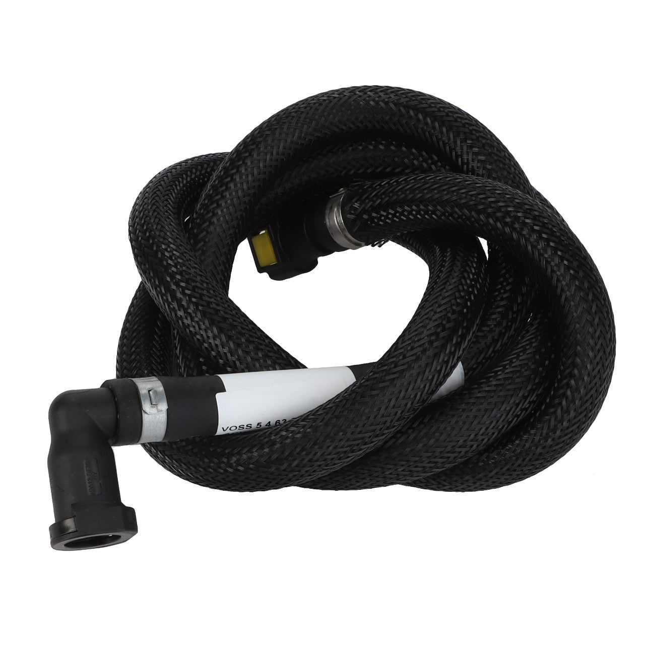 Introducing the AGCO Fuel Hose - Acw0129530: a coiled black hose featuring a white stripe and equipped with a right-angle connector at one end.