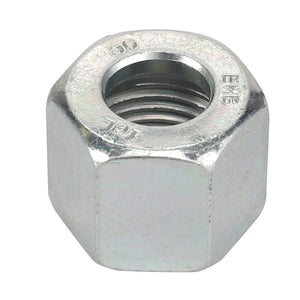 Close-up image of the AGCO | UNION - D46446000 hexagonal metal nut, showcasing visible threading inside and intricate markings etched on the flat outer surface.