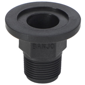 A black, threaded plastic fitting labeled "AGCO | ADAPTER - AG057597" with a wide flange and a circular opening, designed for manifold flange connections.