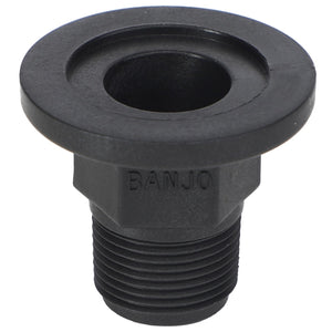 A black, threaded plastic fitting labeled "AGCO | ADAPTER - AG057597" with a wide flange and a circular opening, designed for manifold flange connections.