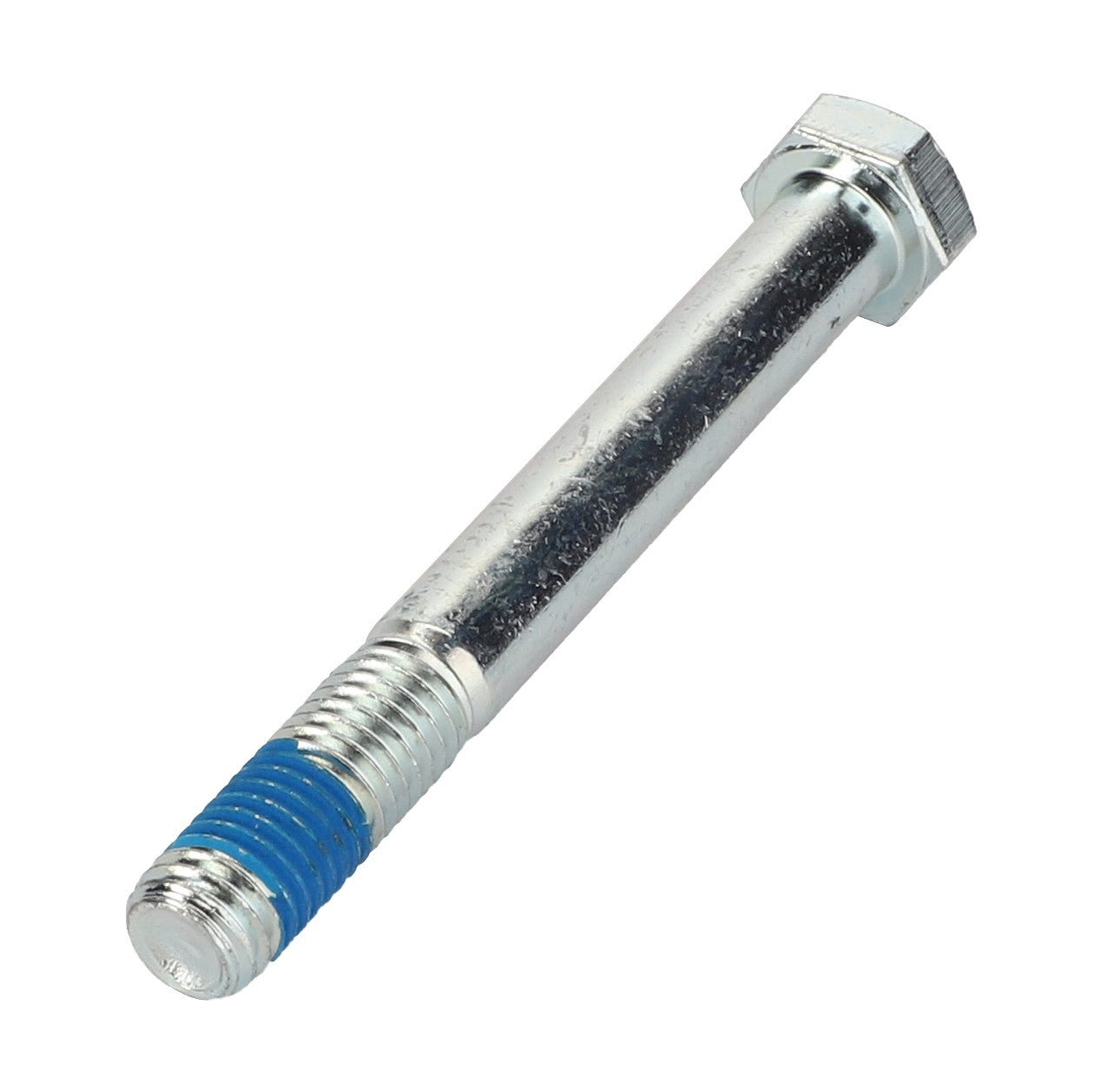 The AGCO SCREW - 0901-30-97-00 is a silver hex head bolt featuring a blue thread-locking compound applied to part of the threaded end. No current product description information is available for this item.