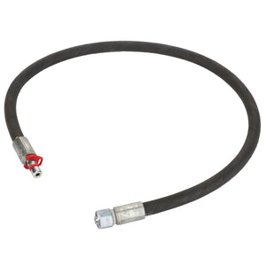 The AGCO Hydr. Hose - Acw2916330 is a flexible black hydraulic hose with metal fittings on both ends, including one fitting that features a small red lever. The hose forms a partial loop. Product description details are currently unavailable for this item.