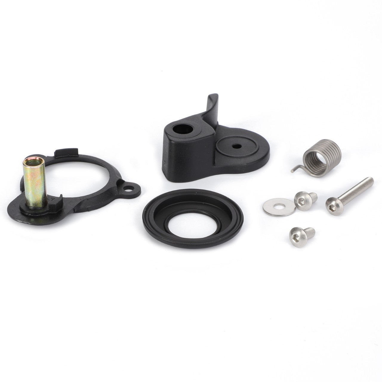 An assortment of small hardware parts, featuring a black hinge, an AGCO Coupling Valve Sealing with Spring Cover (F931962020400), circular seals, screws, and a washer arranged on a white surface.